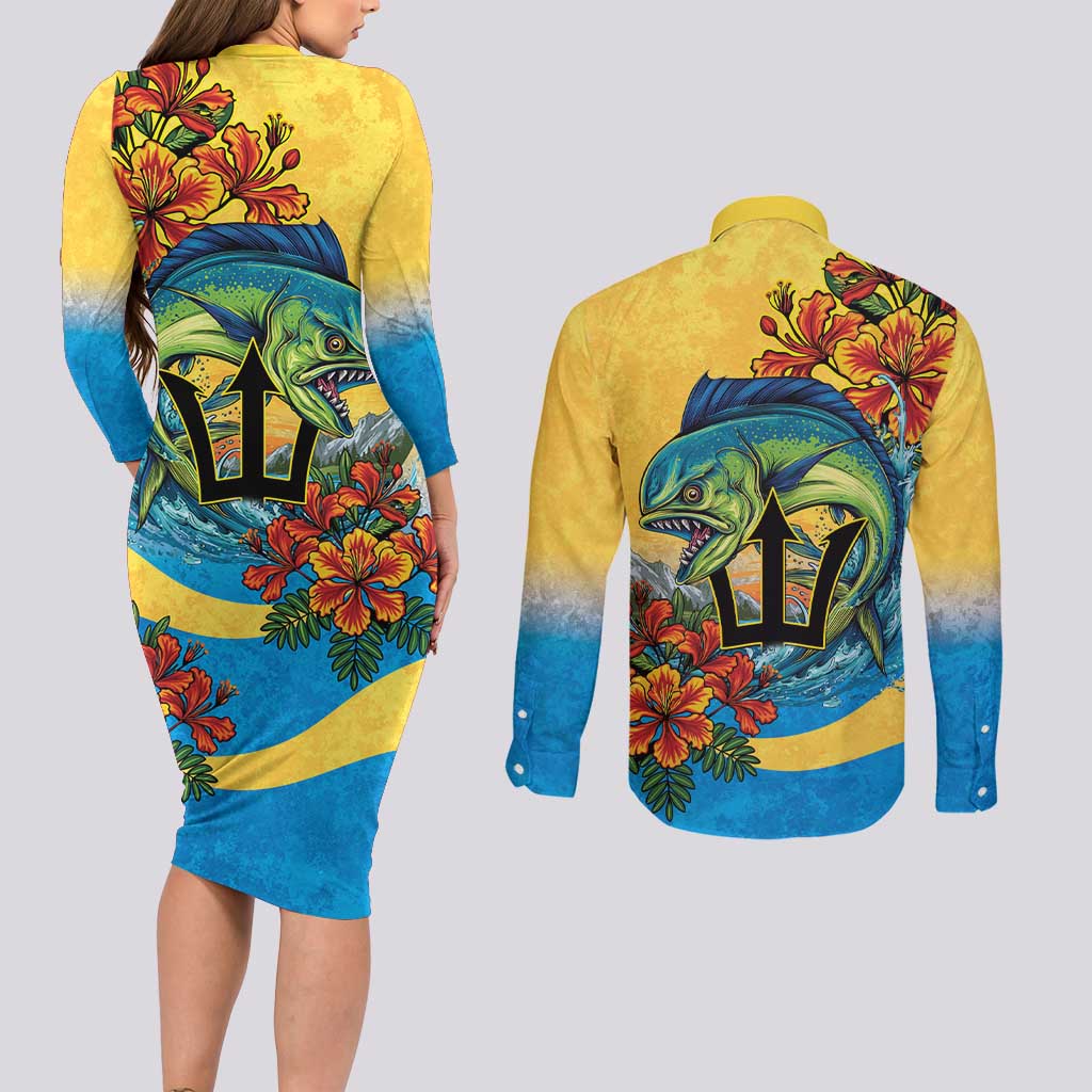 Barbados Mahi-mahi Trident Couples Matching Long Sleeve Bodycon Dress and Long Sleeve Button Shirt - Wonder Print Shop