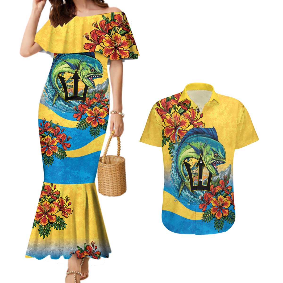 Barbados Mahi-mahi Trident Couples Matching Mermaid Dress and Hawaiian Shirt - Wonder Print Shop