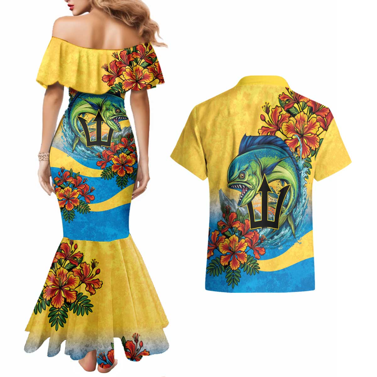 Barbados Mahi-mahi Trident Couples Matching Mermaid Dress and Hawaiian Shirt - Wonder Print Shop