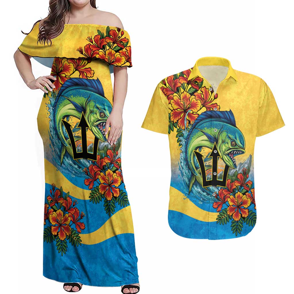 Barbados Mahi-mahi Trident Couples Matching Off Shoulder Maxi Dress and Hawaiian Shirt - Wonder Print Shop