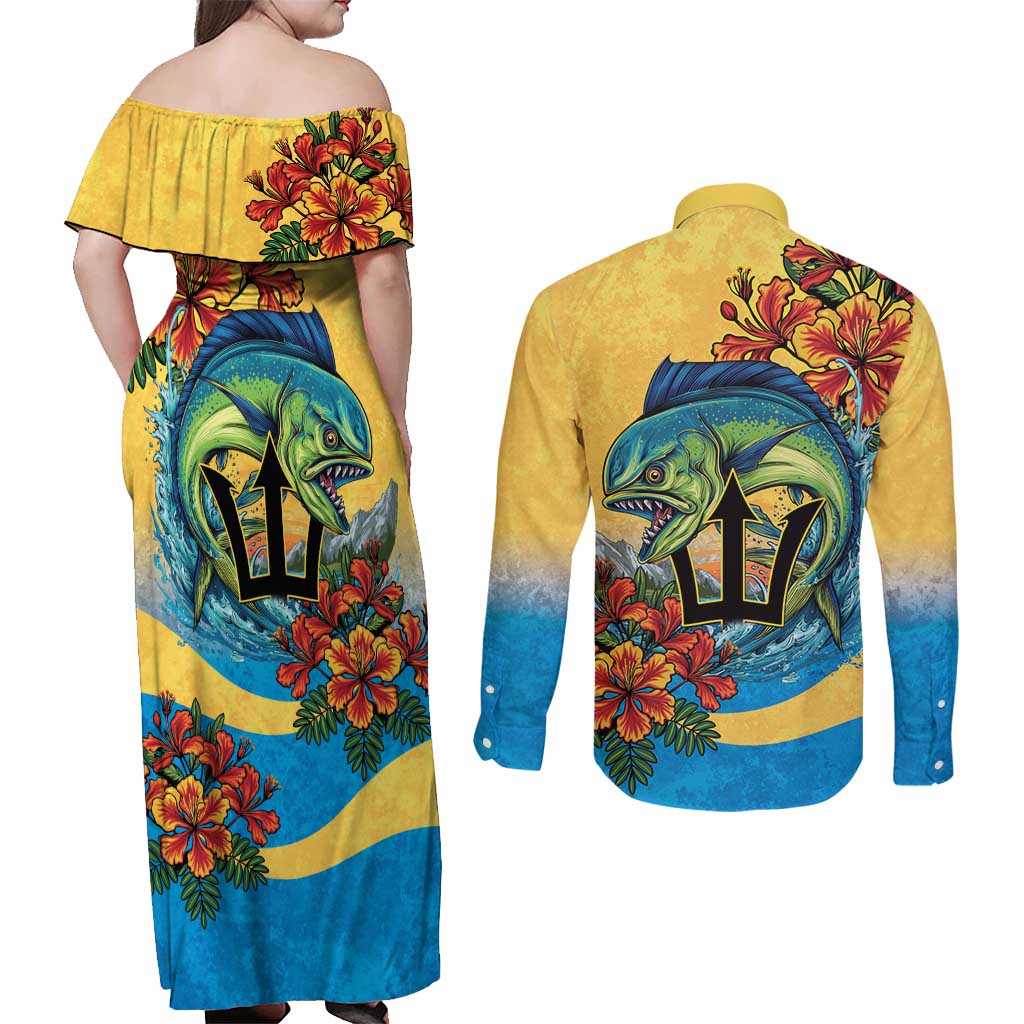 Barbados Mahi-mahi Trident Couples Matching Off Shoulder Maxi Dress and Long Sleeve Button Shirt - Wonder Print Shop
