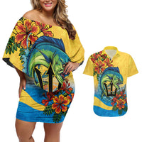 Barbados Mahi-mahi Trident Couples Matching Off Shoulder Short Dress and Hawaiian Shirt - Wonder Print Shop