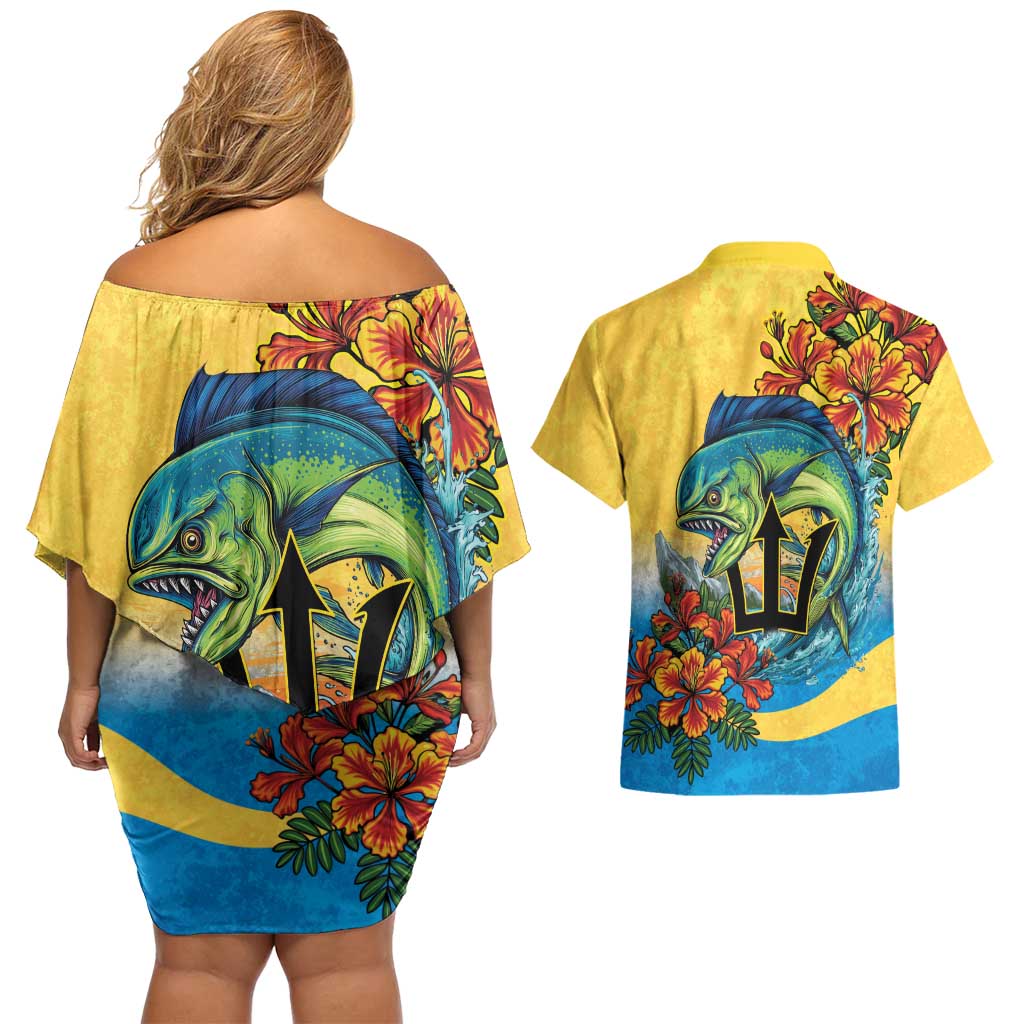 Barbados Mahi-mahi Trident Couples Matching Off Shoulder Short Dress and Hawaiian Shirt - Wonder Print Shop