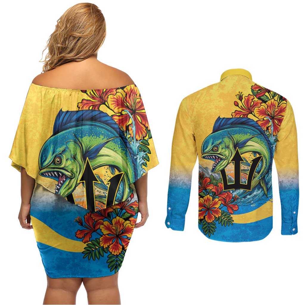 Barbados Mahi-mahi Trident Couples Matching Off Shoulder Short Dress and Long Sleeve Button Shirt - Wonder Print Shop