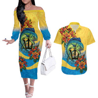 Barbados Mahi-mahi Trident Couples Matching Off The Shoulder Long Sleeve Dress and Hawaiian Shirt - Wonder Print Shop