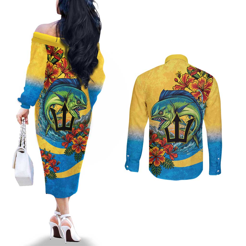 Barbados Mahi-mahi Trident Couples Matching Off The Shoulder Long Sleeve Dress and Long Sleeve Button Shirt - Wonder Print Shop
