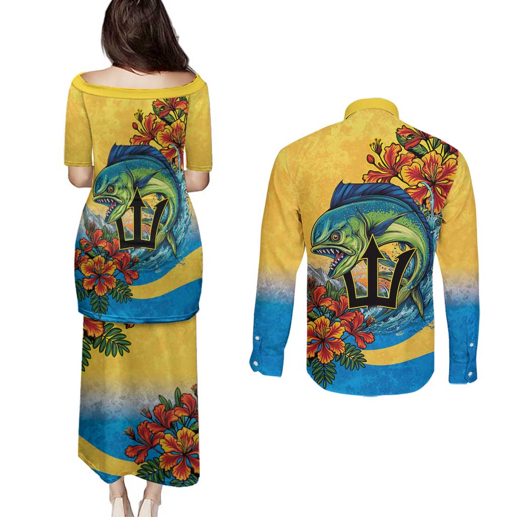 Barbados Mahi-mahi Trident Couples Matching Puletasi and Long Sleeve Button Shirt - Wonder Print Shop