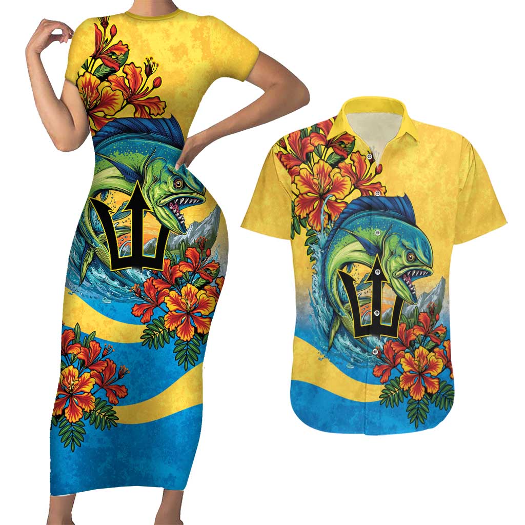Barbados Mahi-mahi Trident Couples Matching Short Sleeve Bodycon Dress and Hawaiian Shirt - Wonder Print Shop