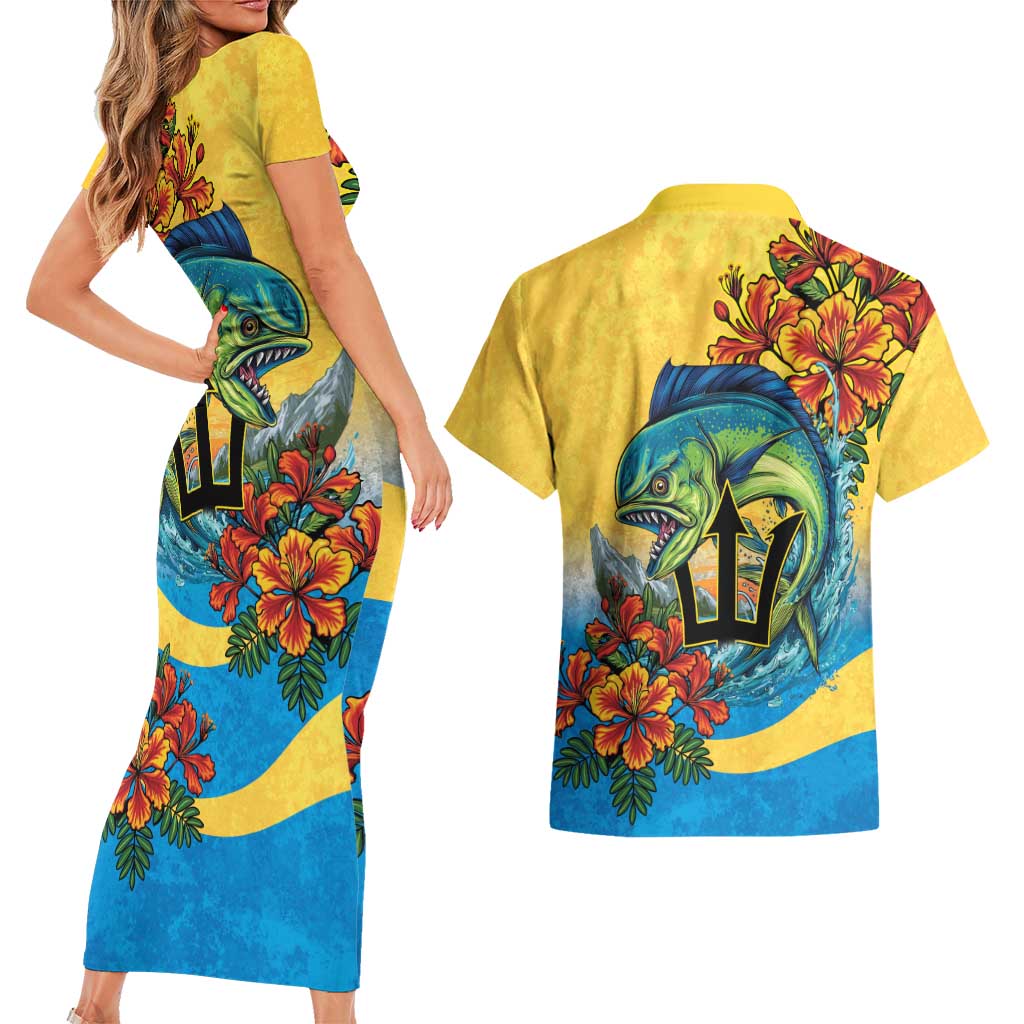 Barbados Mahi-mahi Trident Couples Matching Short Sleeve Bodycon Dress and Hawaiian Shirt - Wonder Print Shop