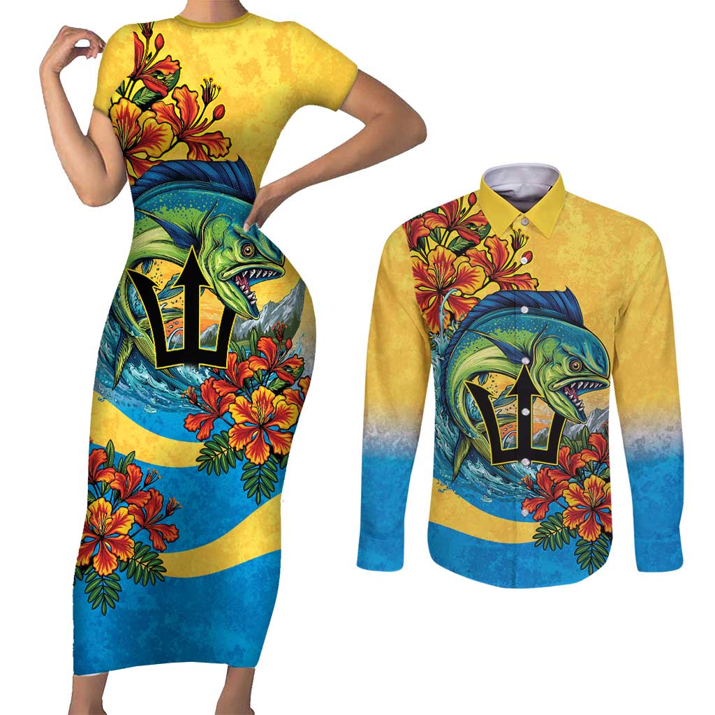 Barbados Mahi-mahi Trident Couples Matching Short Sleeve Bodycon Dress and Long Sleeve Button Shirt - Wonder Print Shop