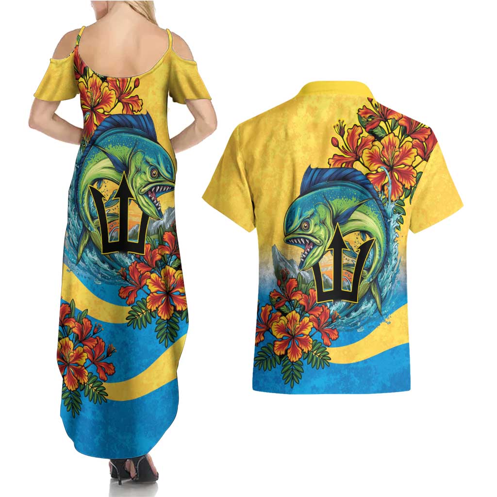Barbados Mahi-mahi Trident Couples Matching Summer Maxi Dress and Hawaiian Shirt - Wonder Print Shop