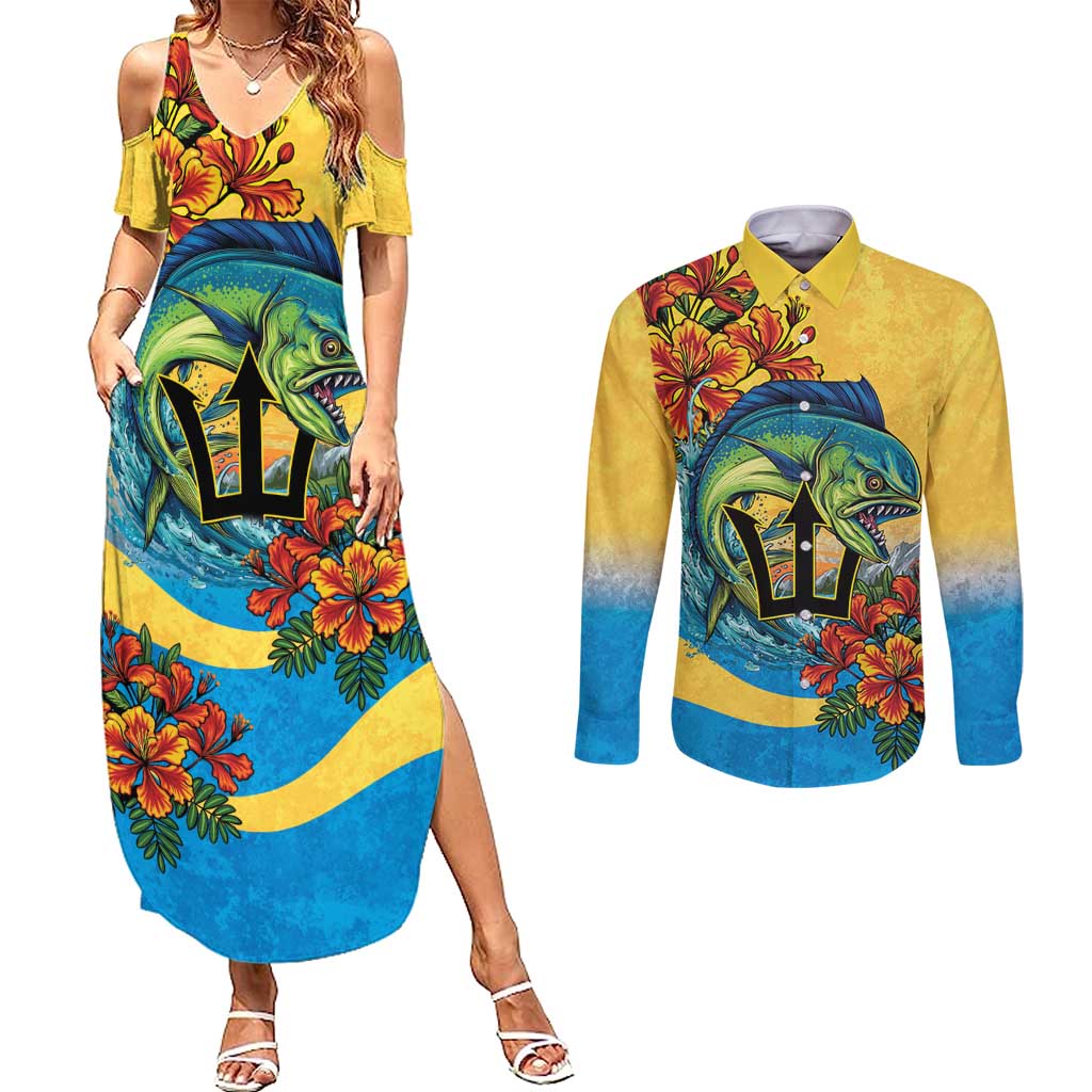 Barbados Mahi-mahi Trident Couples Matching Summer Maxi Dress and Long Sleeve Button Shirt - Wonder Print Shop