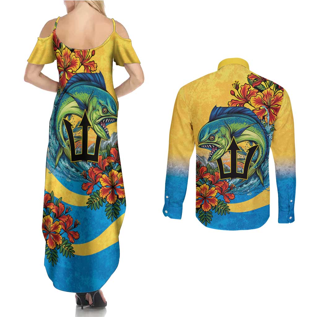 Barbados Mahi-mahi Trident Couples Matching Summer Maxi Dress and Long Sleeve Button Shirt - Wonder Print Shop