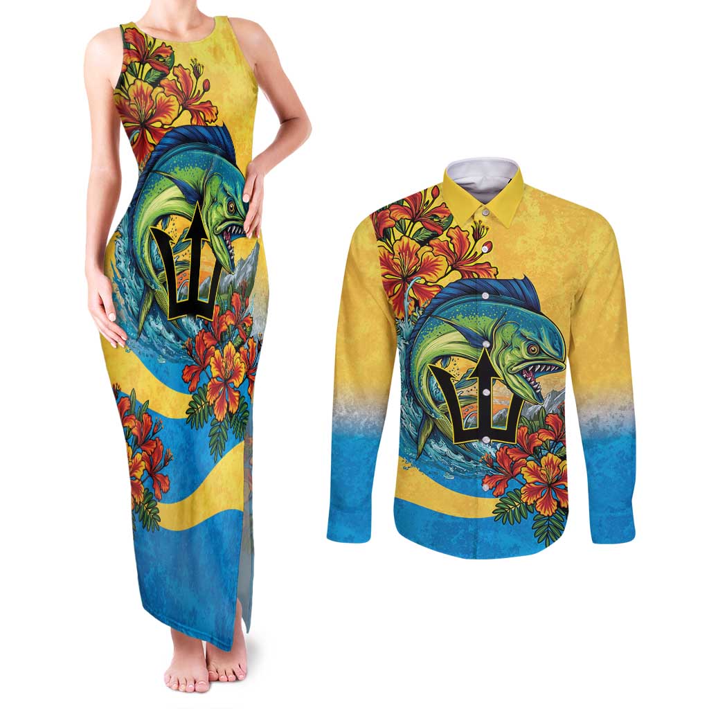 Barbados Mahi-mahi Trident Couples Matching Tank Maxi Dress and Long Sleeve Button Shirt - Wonder Print Shop