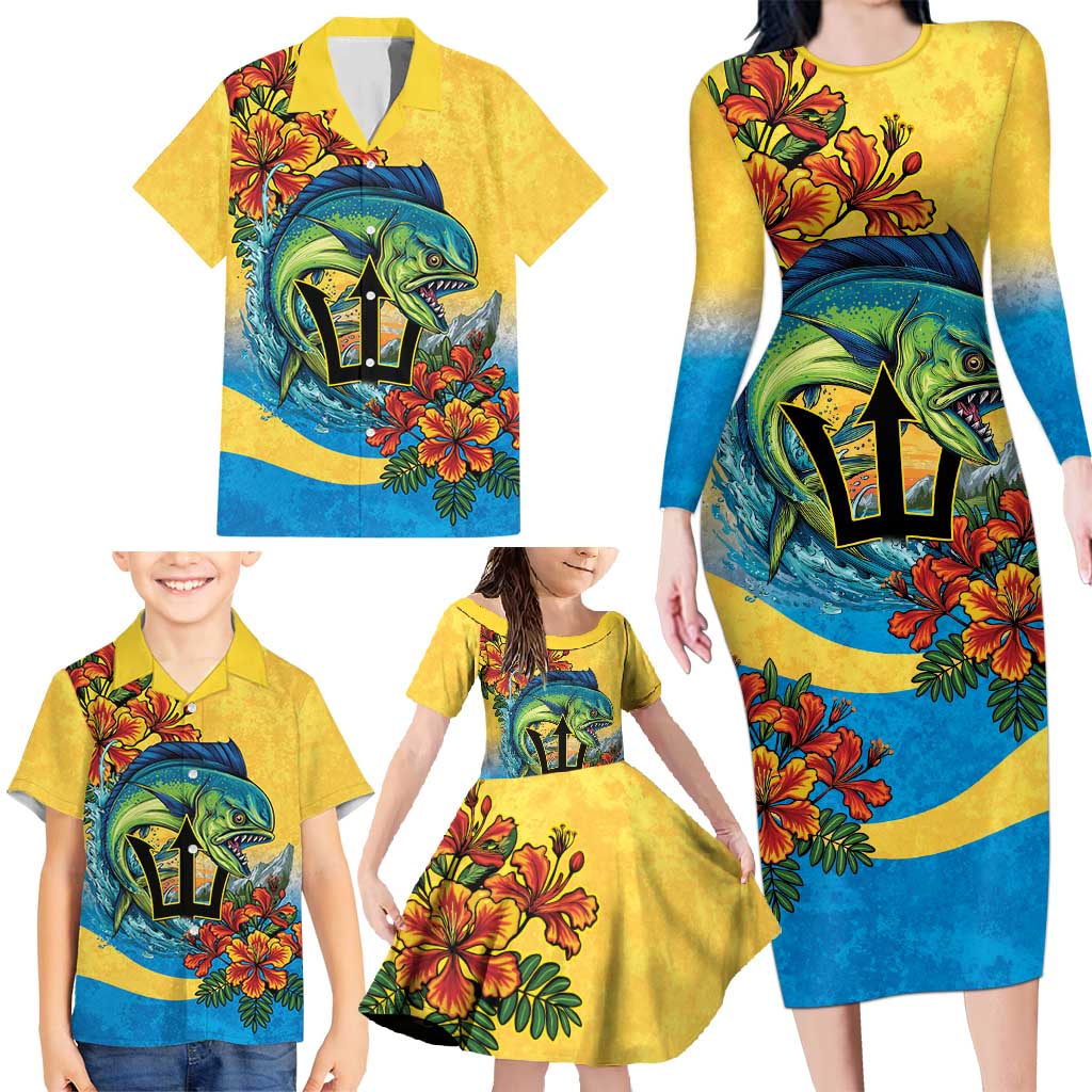 Barbados Mahi-mahi Trident Family Matching Long Sleeve Bodycon Dress and Hawaiian Shirt - Wonder Print Shop