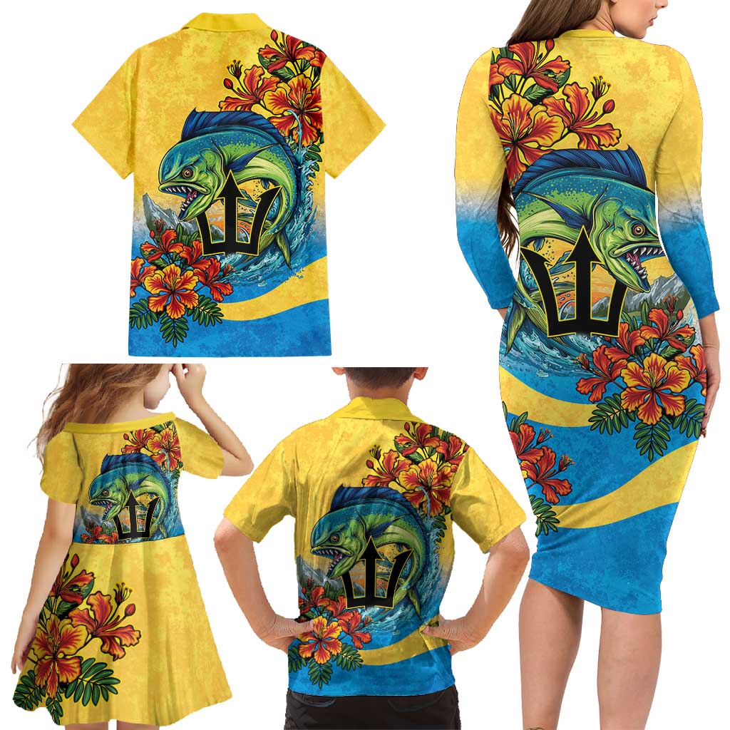 Barbados Mahi-mahi Trident Family Matching Long Sleeve Bodycon Dress and Hawaiian Shirt - Wonder Print Shop