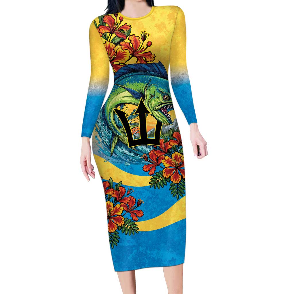 Barbados Mahi-mahi Trident Family Matching Long Sleeve Bodycon Dress and Hawaiian Shirt - Wonder Print Shop