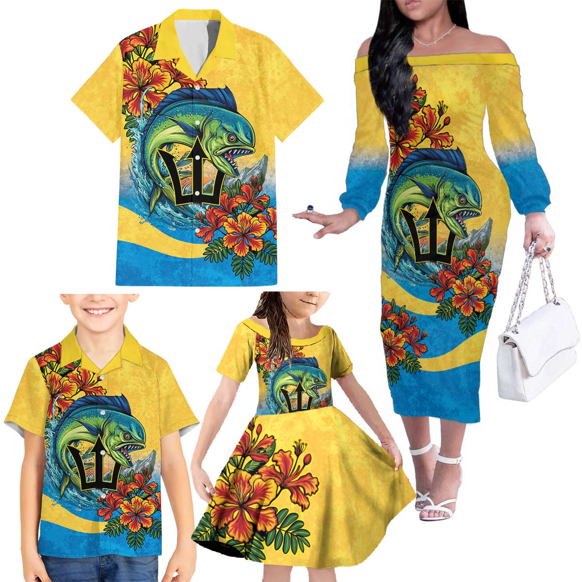 Barbados Mahi-mahi Trident Family Matching Off The Shoulder Long Sleeve Dress and Hawaiian Shirt - Wonder Print Shop