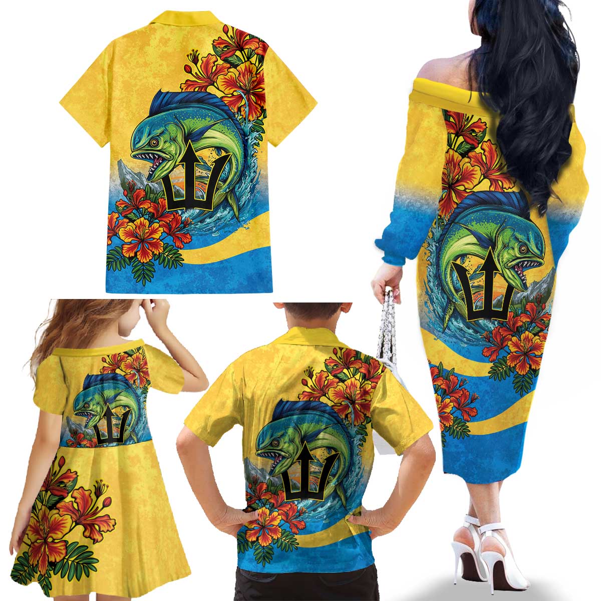 Barbados Mahi-mahi Trident Family Matching Off The Shoulder Long Sleeve Dress and Hawaiian Shirt - Wonder Print Shop