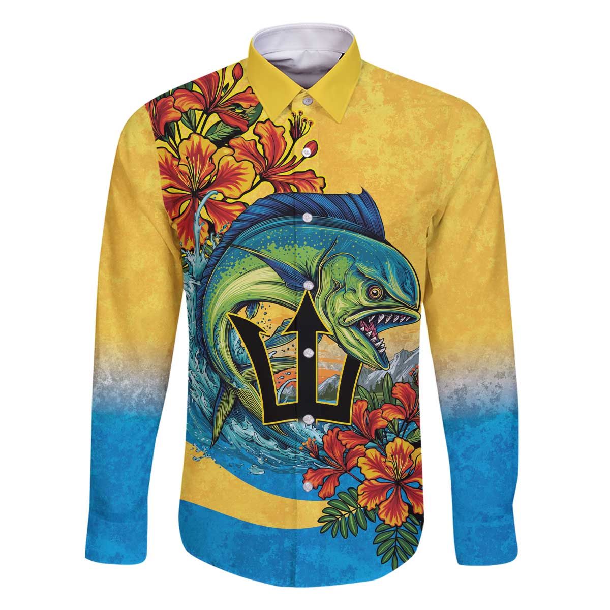 Barbados Mahi-mahi Trident Family Matching Off The Shoulder Long Sleeve Dress and Hawaiian Shirt - Wonder Print Shop