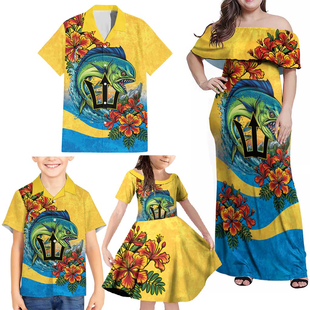 Barbados Mahi-mahi Trident Family Matching Off Shoulder Maxi Dress and Hawaiian Shirt - Wonder Print Shop