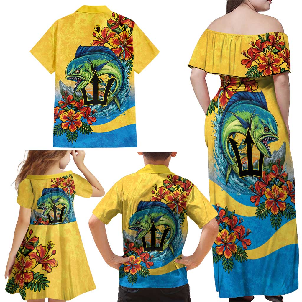 Barbados Mahi-mahi Trident Family Matching Off Shoulder Maxi Dress and Hawaiian Shirt - Wonder Print Shop