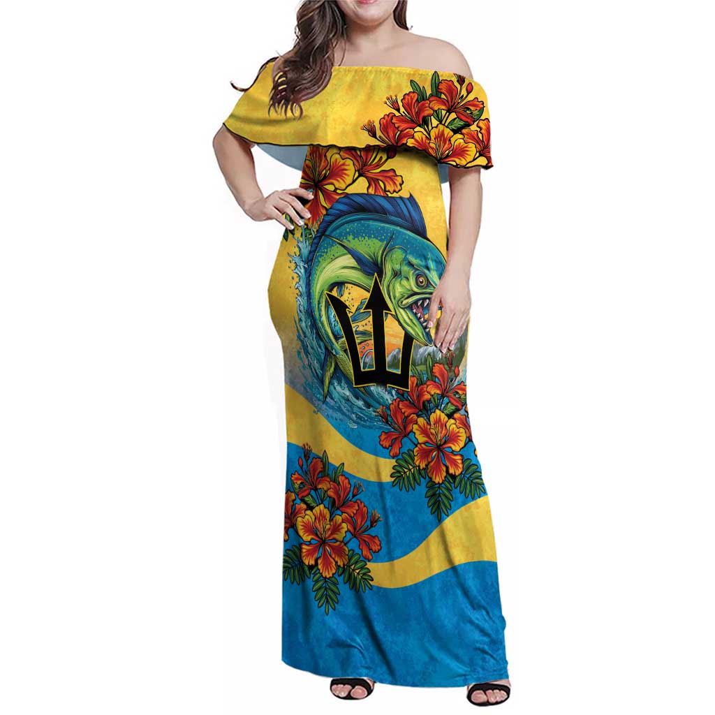 Barbados Mahi-mahi Trident Family Matching Off Shoulder Maxi Dress and Hawaiian Shirt - Wonder Print Shop