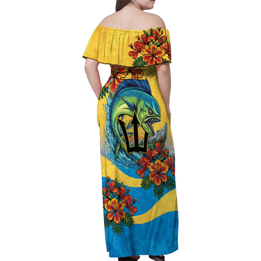 Barbados Mahi-mahi Trident Family Matching Off Shoulder Maxi Dress and Hawaiian Shirt - Wonder Print Shop