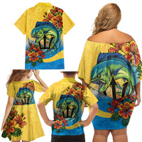 Barbados Mahi-mahi Trident Family Matching Off Shoulder Short Dress and Hawaiian Shirt - Wonder Print Shop