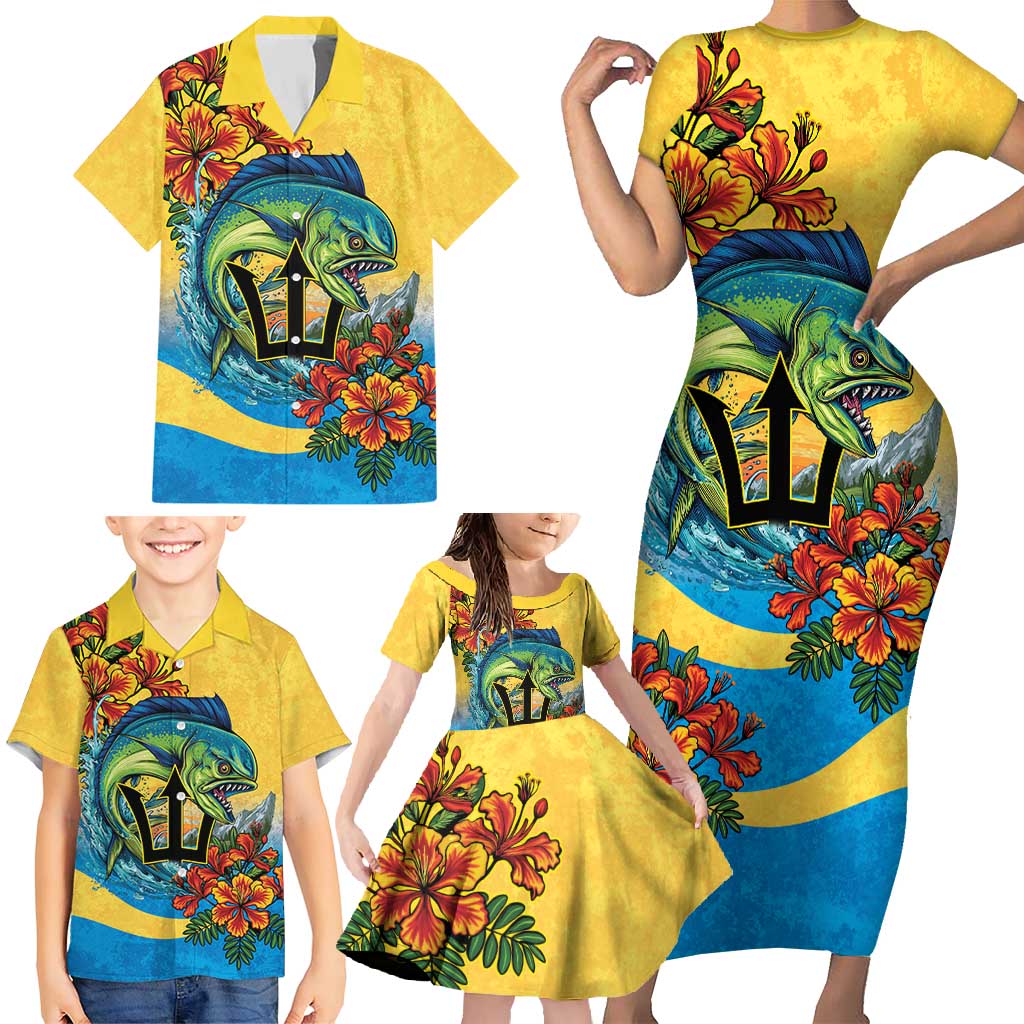 Barbados Mahi-mahi Trident Family Matching Short Sleeve Bodycon Dress and Hawaiian Shirt - Wonder Print Shop