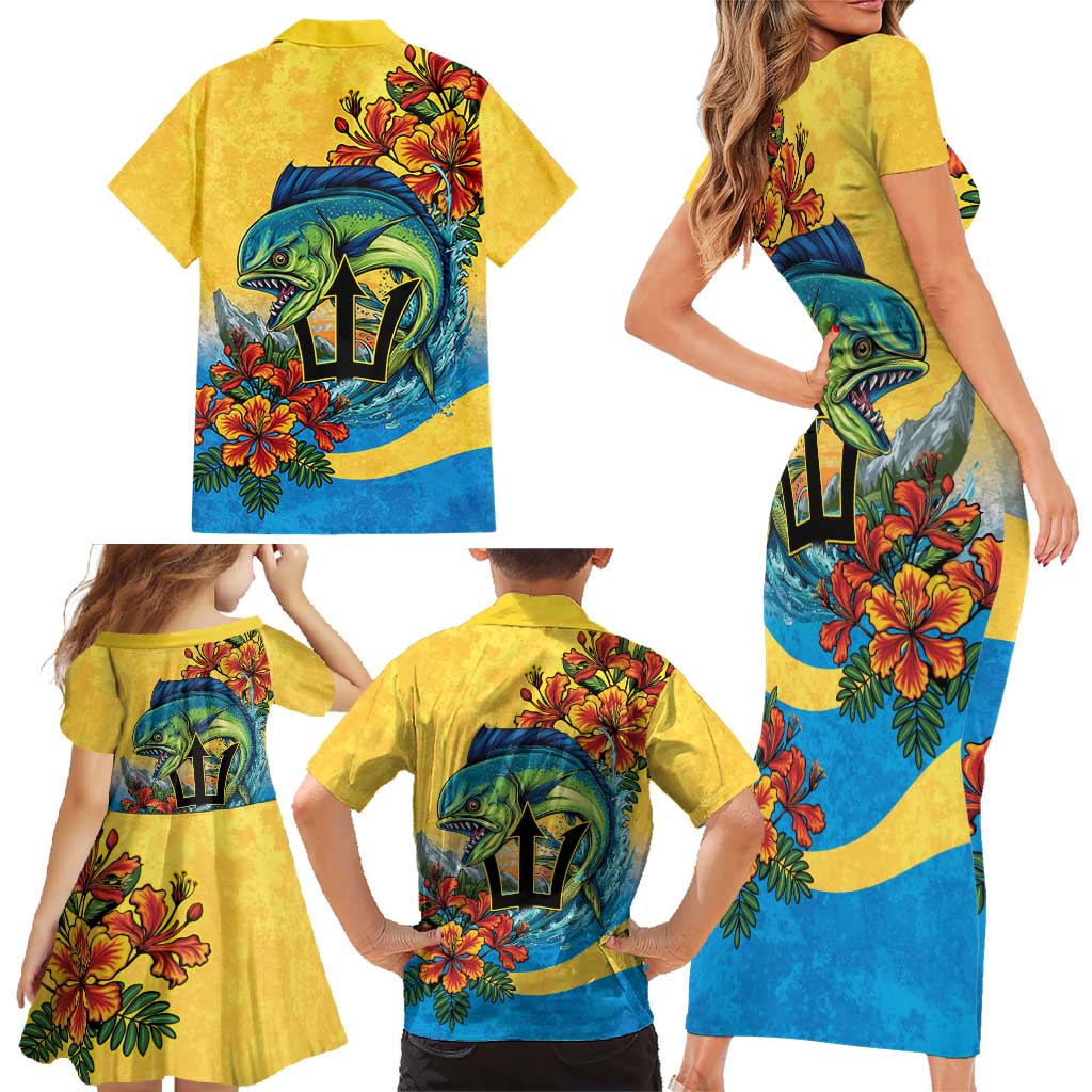 Barbados Mahi-mahi Trident Family Matching Short Sleeve Bodycon Dress and Hawaiian Shirt - Wonder Print Shop