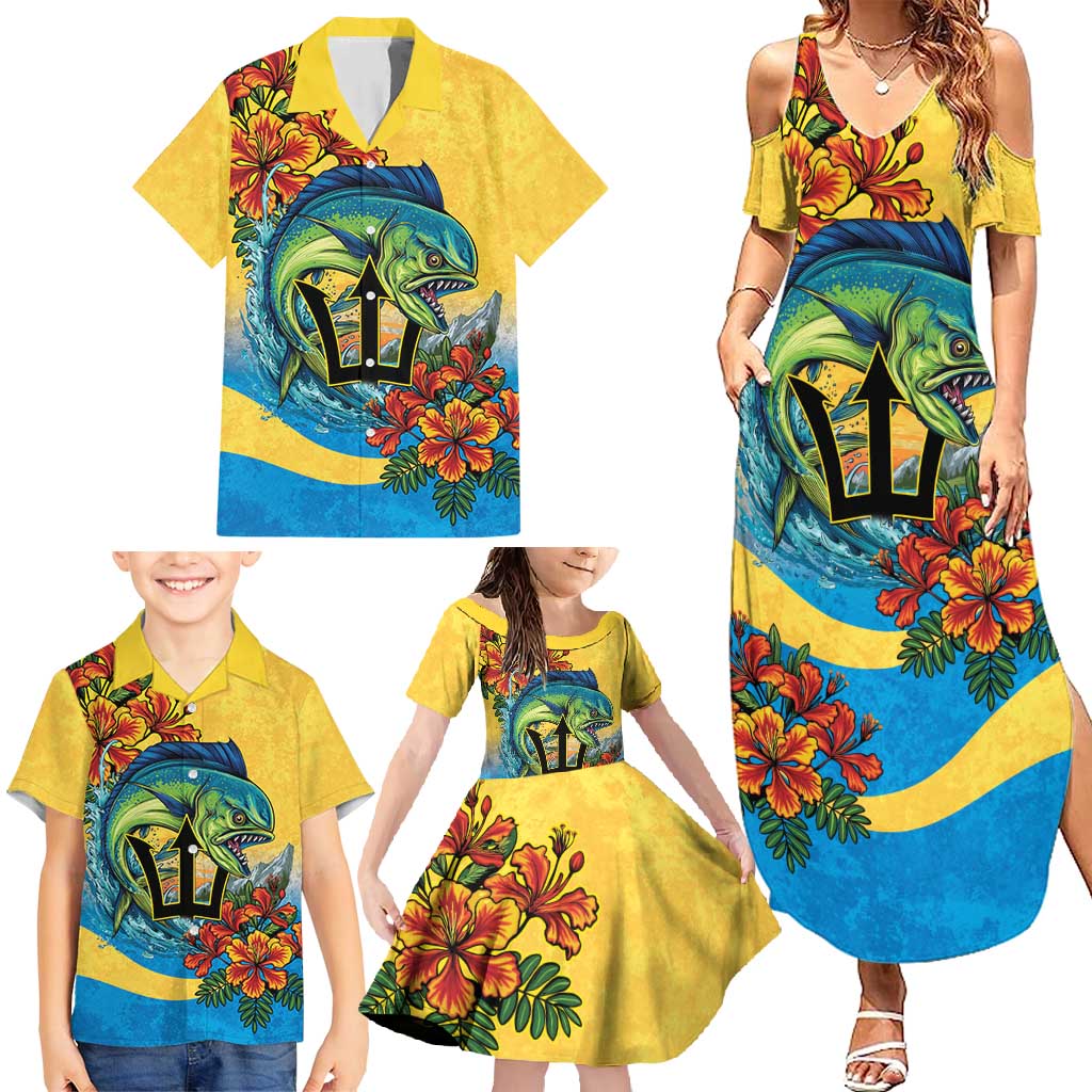 Barbados Mahi-mahi Trident Family Matching Summer Maxi Dress and Hawaiian Shirt - Wonder Print Shop