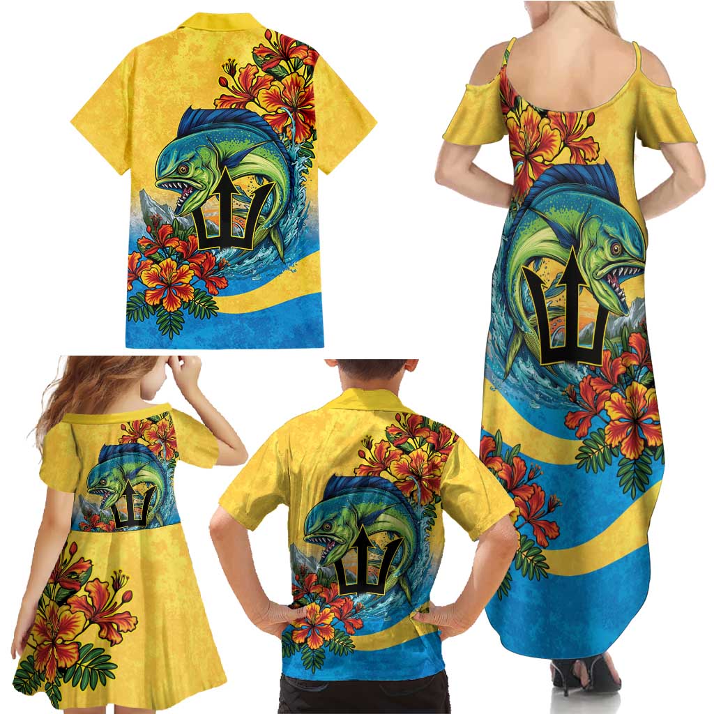 Barbados Mahi-mahi Trident Family Matching Summer Maxi Dress and Hawaiian Shirt - Wonder Print Shop