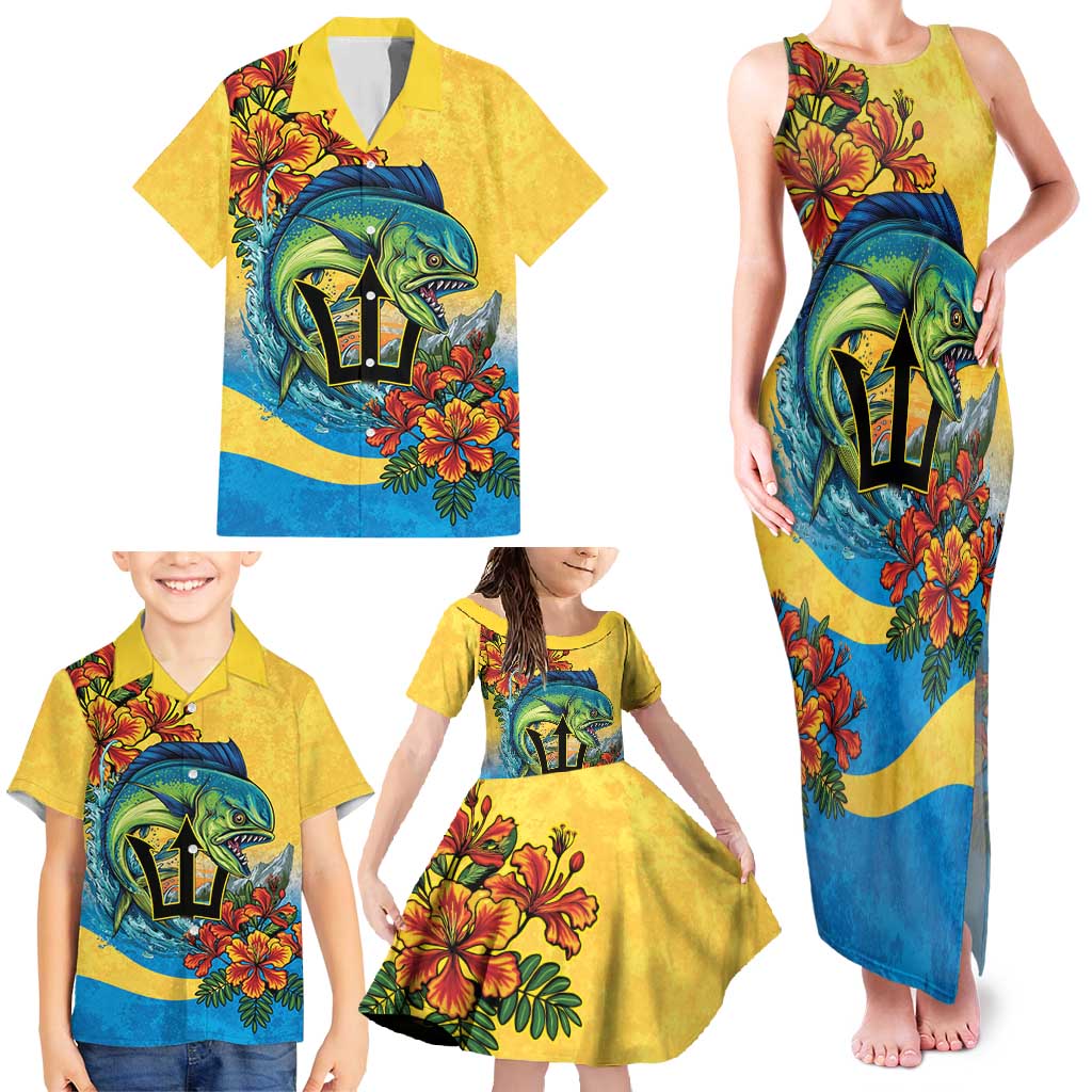 Barbados Mahi-mahi Trident Family Matching Tank Maxi Dress and Hawaiian Shirt - Wonder Print Shop