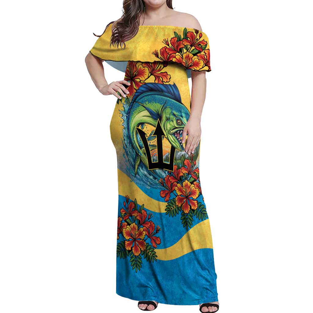 Barbados Mahi-mahi Trident Off Shoulder Maxi Dress - Wonder Print Shop