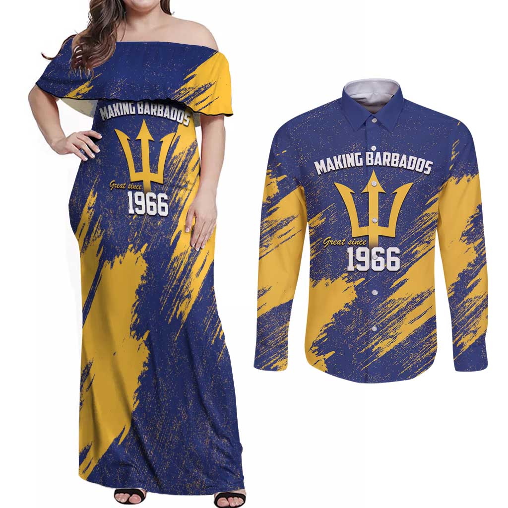 Barbados Pride Est 1966 Couples Matching Off Shoulder Maxi Dress and Long Sleeve Button Shirt - Wonder Print Shop