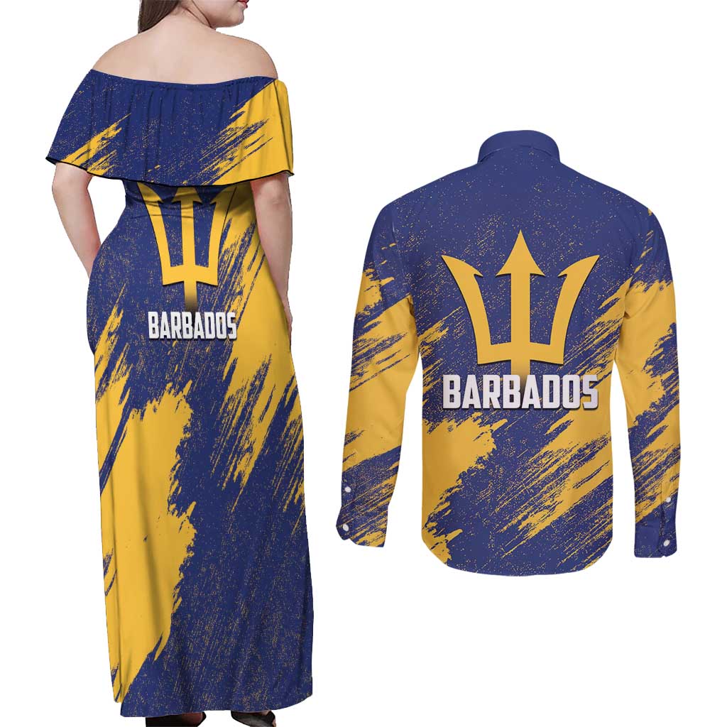 Barbados Pride Est 1966 Couples Matching Off Shoulder Maxi Dress and Long Sleeve Button Shirt - Wonder Print Shop