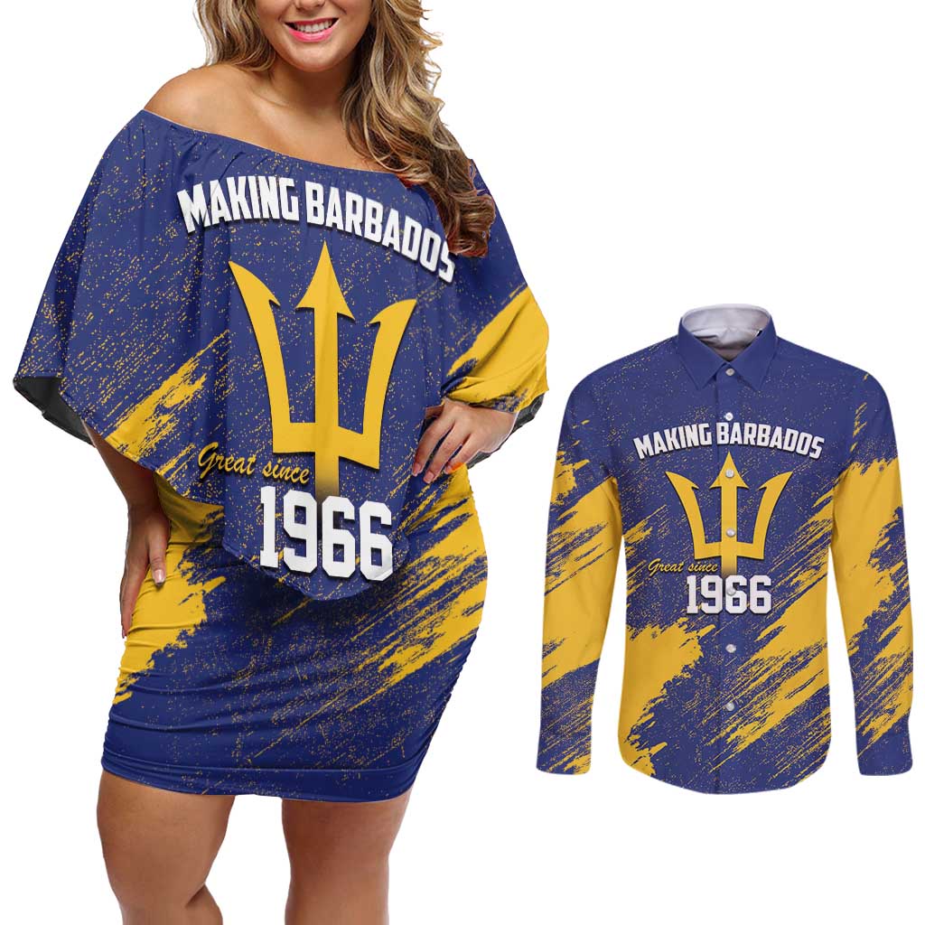 Barbados Pride Est 1966 Couples Matching Off Shoulder Short Dress and Long Sleeve Button Shirt - Wonder Print Shop
