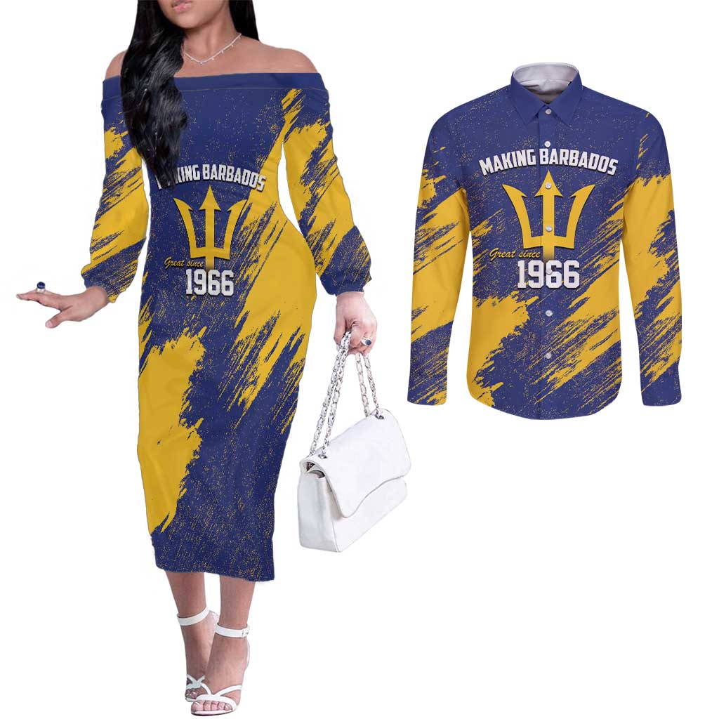 Barbados Pride Est 1966 Couples Matching Off The Shoulder Long Sleeve Dress and Long Sleeve Button Shirt - Wonder Print Shop