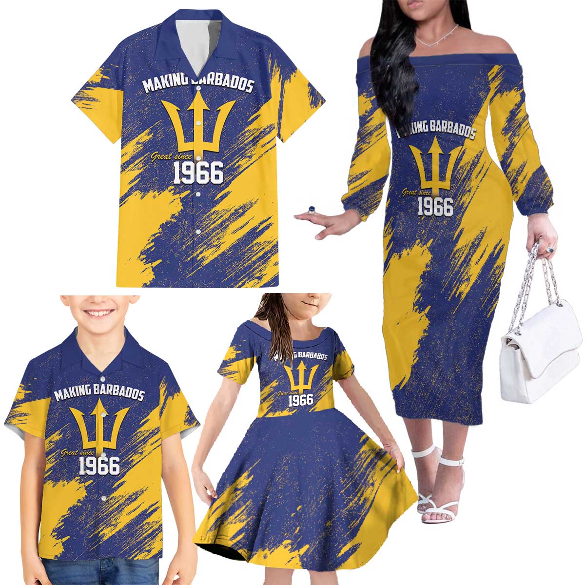 Barbados Pride Est 1966 Family Matching Off The Shoulder Long Sleeve Dress and Hawaiian Shirt - Wonder Print Shop