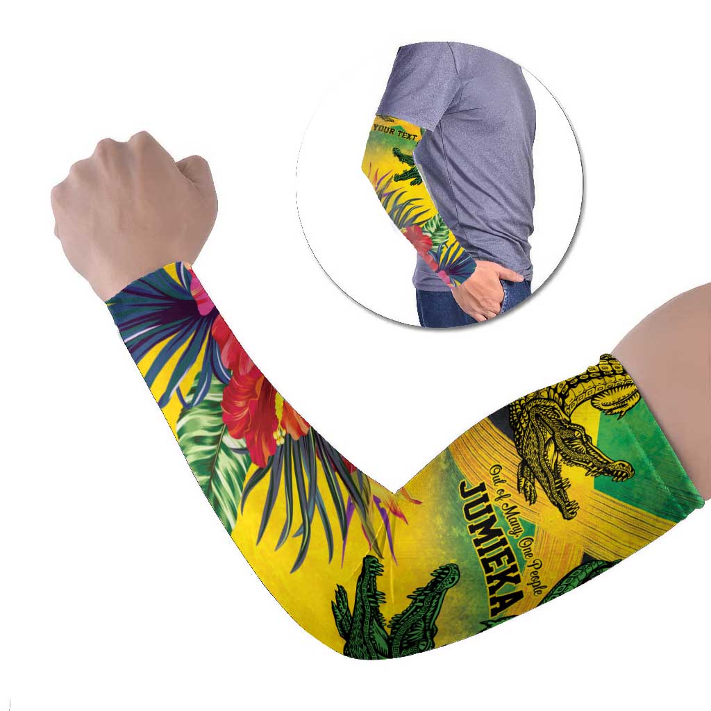Personalized Jamaica Crocodile Arm Sleeves Tropical Flowers Grunge Flag - Wonder Print Shop