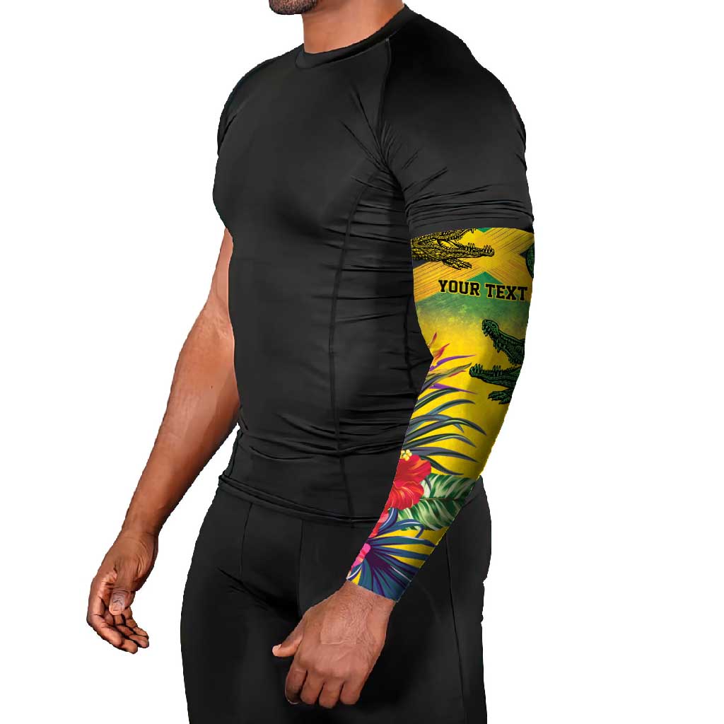 Personalized Jamaica Crocodile Arm Sleeves Tropical Flowers Grunge Flag - Wonder Print Shop