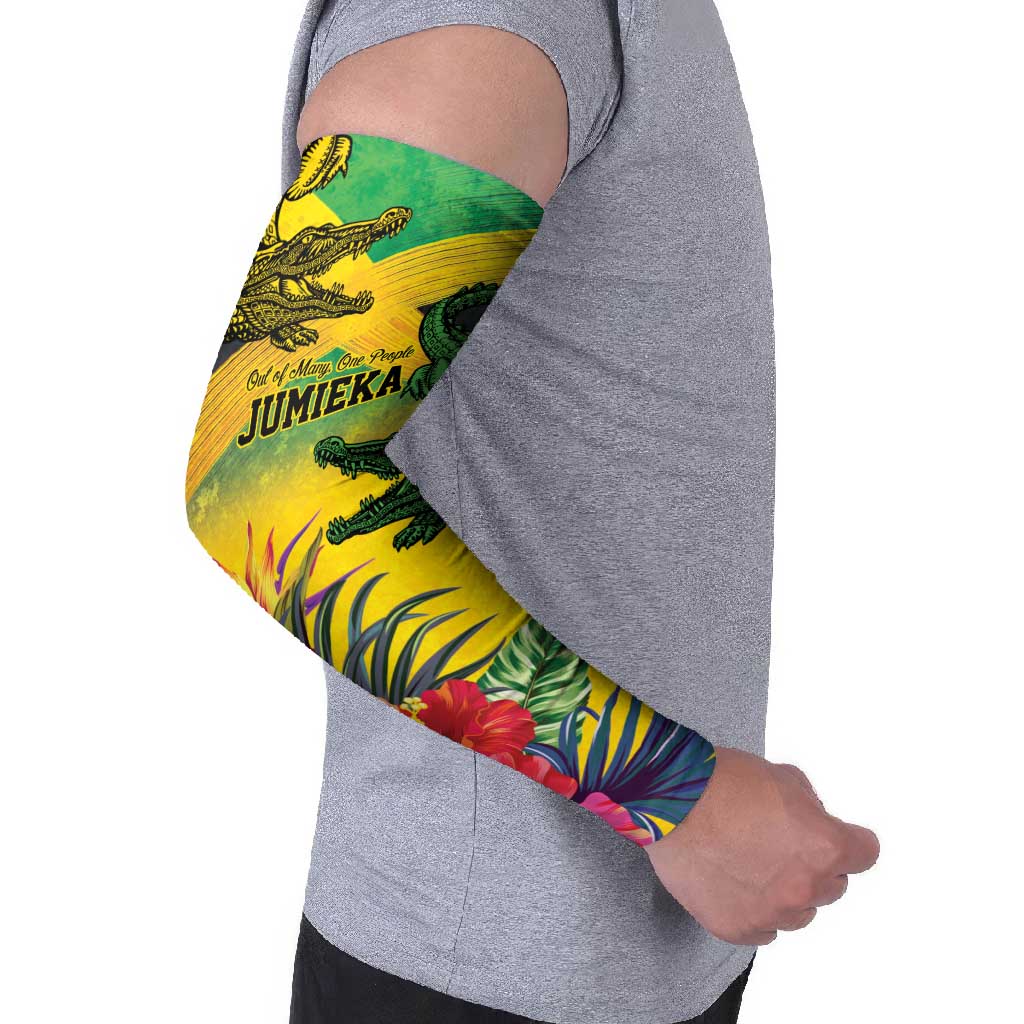 Personalized Jamaica Crocodile Arm Sleeves Tropical Flowers Grunge Flag - Wonder Print Shop