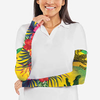 Personalized Jamaica Crocodile Arm Sleeves Tropical Flowers Grunge Flag - Wonder Print Shop