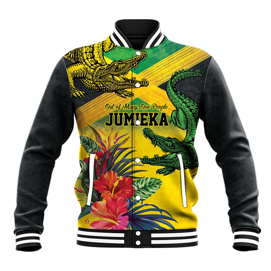 Personalized Jamaica Crocodile Baseball Jacket Tropical Flowers Grunge Flag - Wonder Print Shop