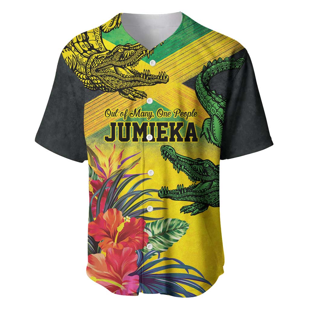 Personalized Jamaica Crocodile Baseball Jersey Tropical Flowers Grunge Flag - Wonder Print Shop