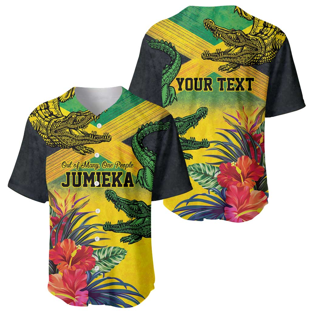 Personalized Jamaica Crocodile Baseball Jersey Tropical Flowers Grunge Flag - Wonder Print Shop