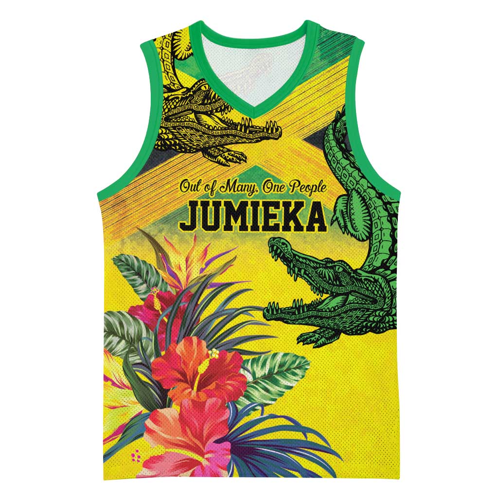 Personalized Jamaica Crocodile Basketball Jersey Tropical Flowers Grunge Flag - Wonder Print Shop