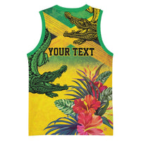 Personalized Jamaica Crocodile Basketball Jersey Tropical Flowers Grunge Flag - Wonder Print Shop