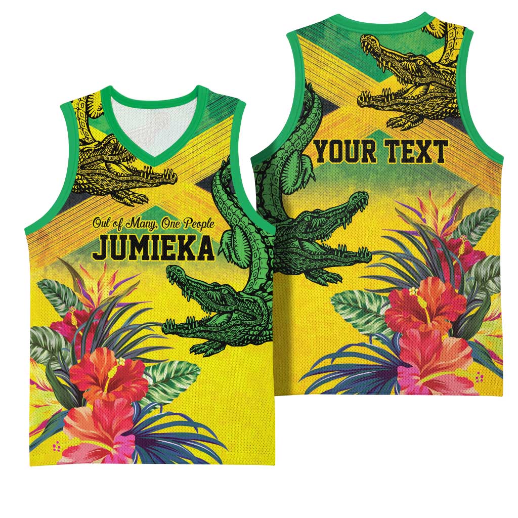 Personalized Jamaica Crocodile Basketball Jersey Tropical Flowers Grunge Flag - Wonder Print Shop